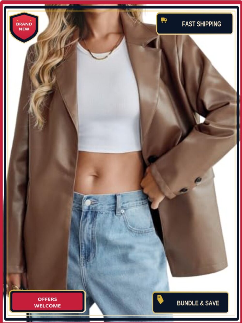 Women's Oversized Faux Leather Blazer Long Sleeve Button Down Motorcycle Jacket